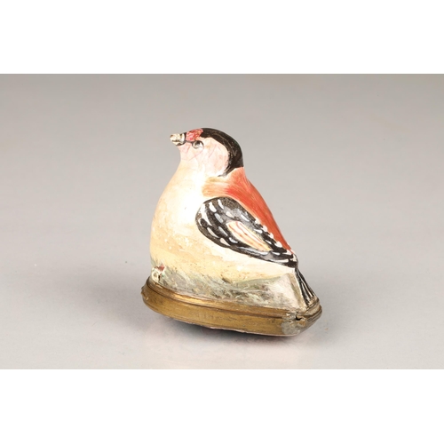 157 - 19th century French gilt metal and enamel trinket box in the form of a goldfinch, length 5cm, width ... 