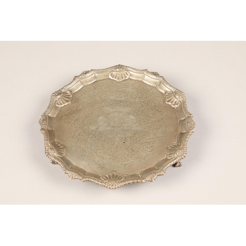 159 - George III silver card tray, scallop pie crust rim raised on three ball and claw feet, assay marked ... 