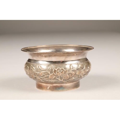 163 - 19th/20th century Chinese silver bowl, embossed floral decoration, character marks to base, 11cm dia... 