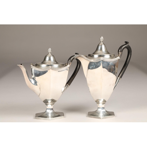 166 - 1920's silver four piece tea service, hexagonal faceted form with pineapple finials, assay marked Bi... 