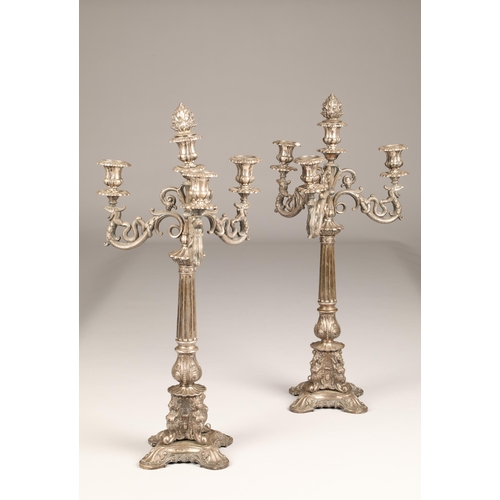 168 - Pair German three branch candelabra, lion supports with a tapered and fluted column and three branch... 