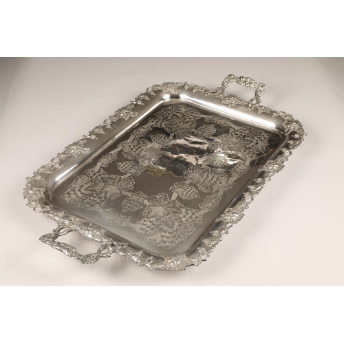 180 - Fine Electro plated silver tray, rectangular with twin handles, scrolling vine edge with engraved vi... 