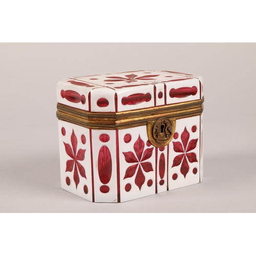 182A - 19th century bohemian white overlaid ruby glass box, hinged cover with lock (no key), length 13cm, w... 