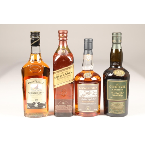 210 - Four boxed assorted whisky including the Glenlivet archive single malt, 700ml, 43% vol, Longmorn sin... 