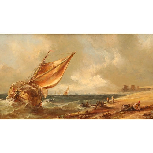 364 - A Hunt (19th century) Gilt framed oil on board, signed 'Barges Off the Suffolk Coast' 14cm x 27cm