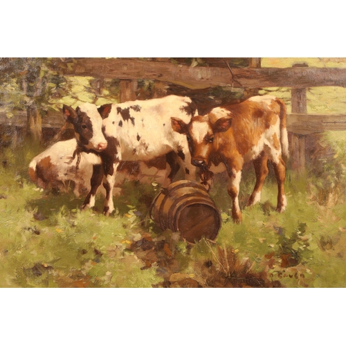 366 - David Gauld RSA (Scottish 1865-1936) Framed oil on canvas, signed 'Three Ayrshire Calves' 70cm x 90c... 