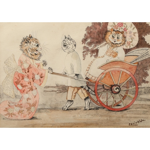 369 - Louis Wain (British 1860-1939) Framed ink and watercolour, signed Japanese theme with a cat holding ... 