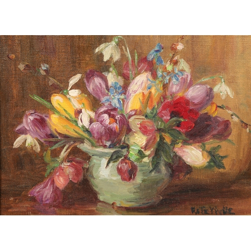 393 - Kate Wylie (Scottish 1877-1941) Framed oil on board, signed 'Mixed Flowers in a Green Bowl' 20cm x 2... 