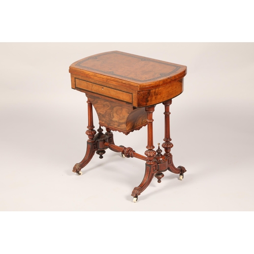 446 - Victorian burr walnut work table with a swivel fold over games top, single fitted drawer to frieze w... 