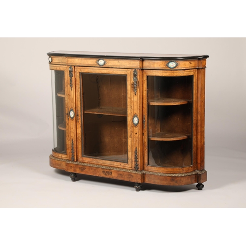 466 - Victorian breakfast inlaid credenza, central glazed door flanked either side by a bow fronted glass ... 