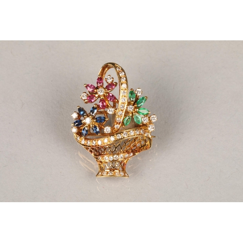 67 - 18 carat gold diamond and gem set brooch, in the form of a basket of red, blue and green flowers, wi... 