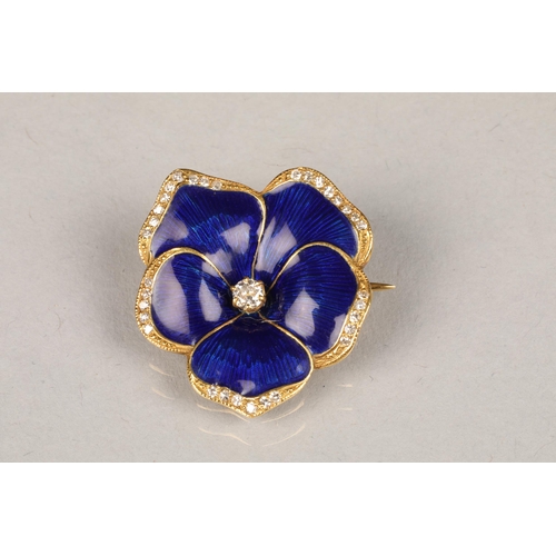 73 - Unmarked yellow metal and enamel brooch, in the form of a flower, central diamond with blue enamel p... 