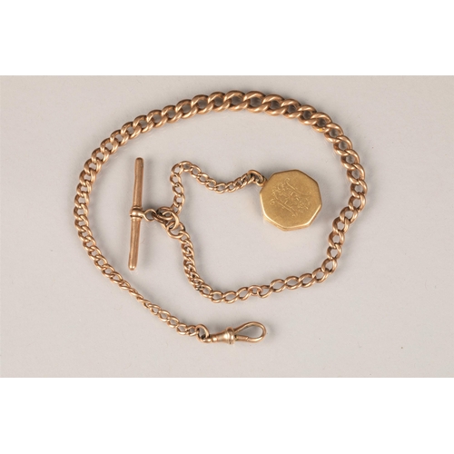 80 - 9 carat rose gold Albert pocket watch chain, with T bar and 18 carat gold locket pendant, 45g