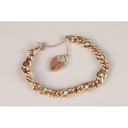 82 - Ladies 9 carat rose gold curb link bracelet, set with turquoise stones with locket clasp, 12g