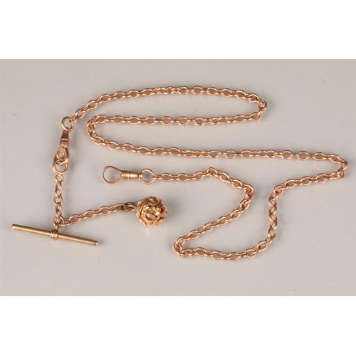 85 - 9 carat rose gold pocket watch chain, with T bar and ball pendant, 42g