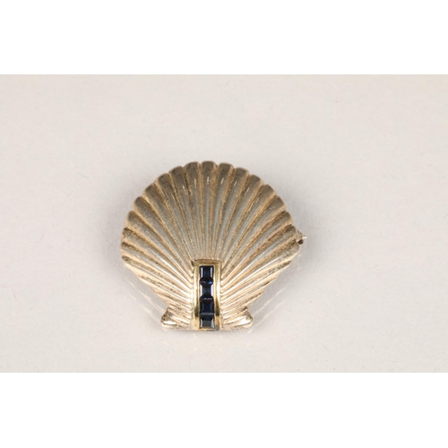 88 - Boxed Tiffany & Co silver scallop shell brooch, set with four emerald and sapphires, length 32mm... 