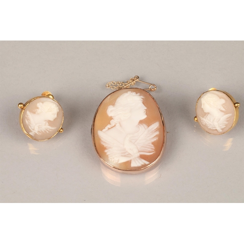 89 - 9 carat gold mounted cameo brooch, and a matching pair of earrings, young maiden with a dove, makers... 