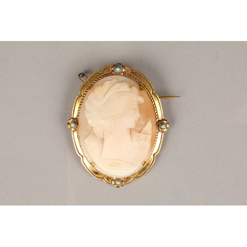 91 - Large Victorian yellow metal mounted cameo brooch, bust of young maiden, mounts with four small appl... 