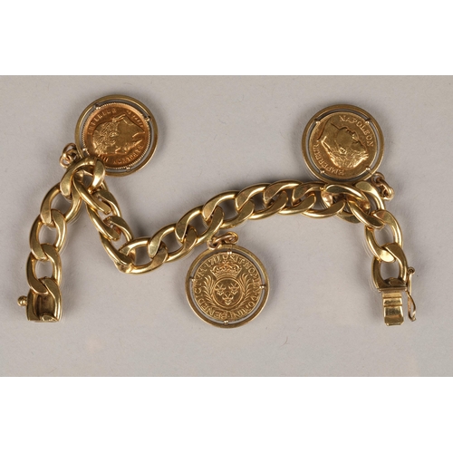 99 - Unmarked yellow curb bracelet, with three attached French gold coins, including Napoleon III coin, a... 