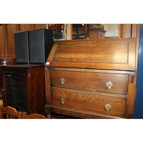 598 - Oak bureau and a Hi-Fi system in cabinet.