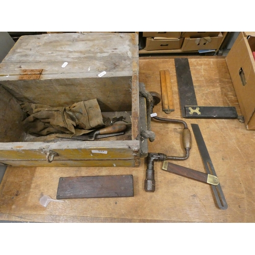 177 - Vintage tool box and tools including sliding bevel, square etc.