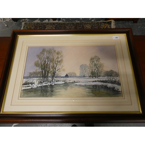 346 - J. Neighbour (Modern British School).A winter landscape. Watercolour heightened with white.30cm x 53... 