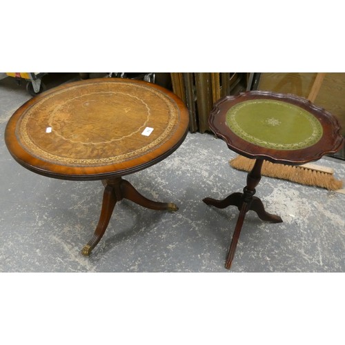 73 - Leather top pedestal side table and small wine table. (2).