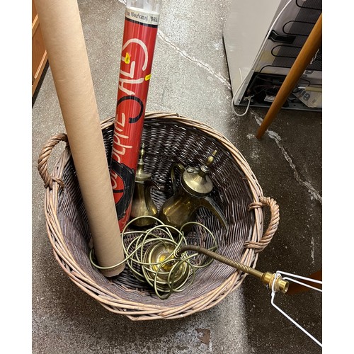 623 - Larger twin handled basket; two Indian brass coffee pots; posters and a lamp