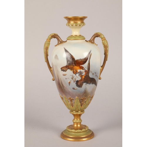 3 - Royal Worcester China works vase, baluster form with scroll handles, hand painted two fighting eagle... 