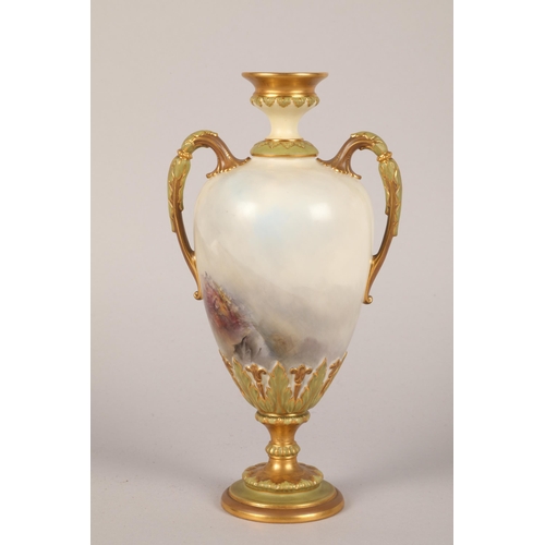 3 - Royal Worcester China works vase, baluster form with scroll handles, hand painted two fighting eagle... 