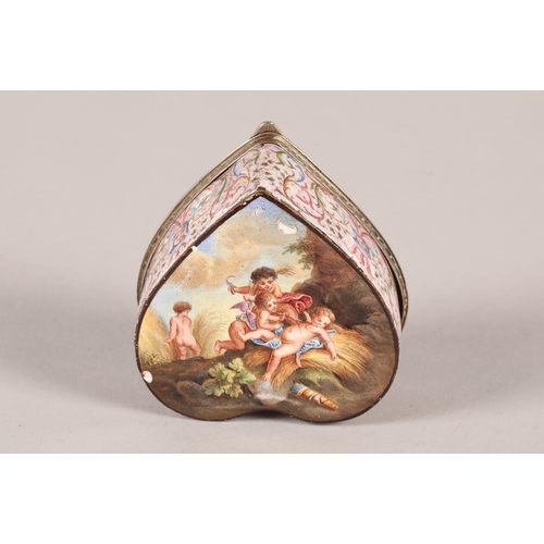 156 - 19th century French white metal and enamel trinket box, heart shaped, hand painted landscapes with p... 