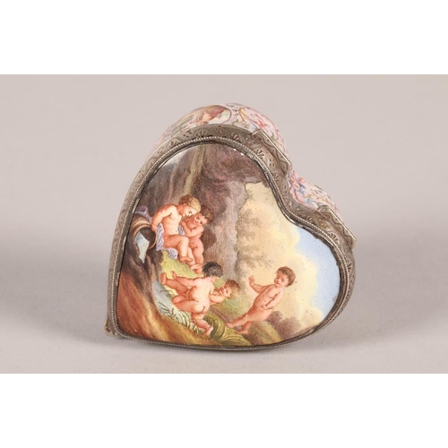 156 - 19th century French white metal and enamel trinket box, heart shaped, hand painted landscapes with p... 