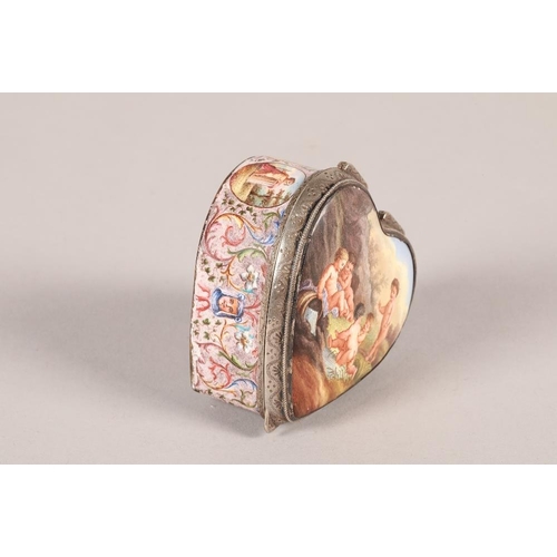 156 - 19th century French white metal and enamel trinket box, heart shaped, hand painted landscapes with p... 