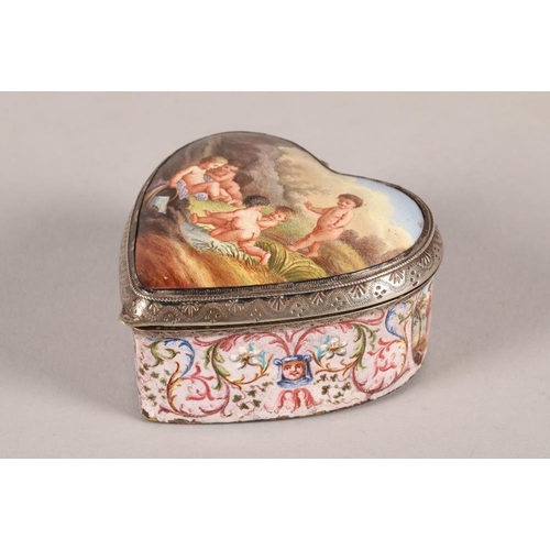 156 - 19th century French white metal and enamel trinket box, heart shaped, hand painted landscapes with p... 