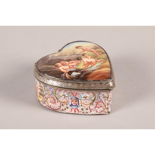 156 - 19th century French white metal and enamel trinket box, heart shaped, hand painted landscapes with p... 