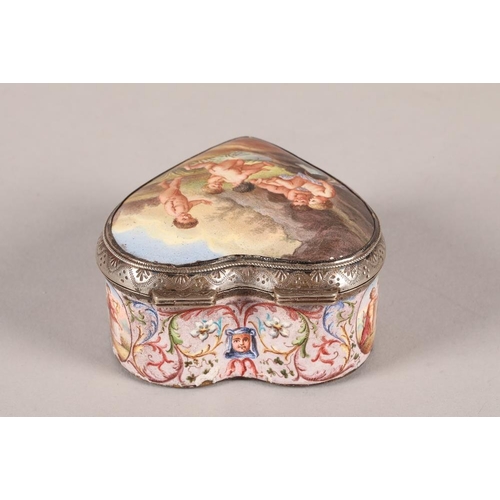 156 - 19th century French white metal and enamel trinket box, heart shaped, hand painted landscapes with p... 