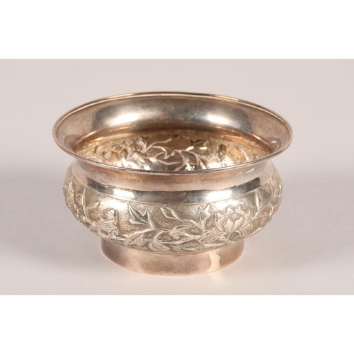 163 - 19th/20th century Chinese silver bowl, embossed floral decoration, character marks to base, 11cm dia... 