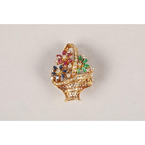 67 - 18 carat gold diamond and gem set brooch, in the form of a basket of red, blue and green flowers, wi... 