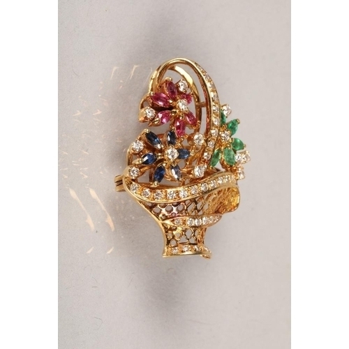 67 - 18 carat gold diamond and gem set brooch, in the form of a basket of red, blue and green flowers, wi... 