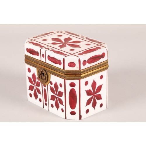 182A - 19th century bohemian white overlaid ruby glass box, hinged cover with lock (no key), length 13cm, w... 