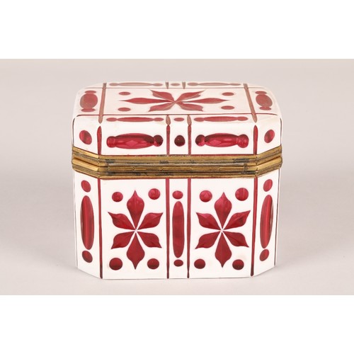 182A - 19th century bohemian white overlaid ruby glass box, hinged cover with lock (no key), length 13cm, w... 