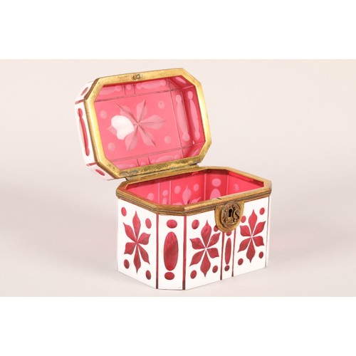 182A - 19th century bohemian white overlaid ruby glass box, hinged cover with lock (no key), length 13cm, w... 