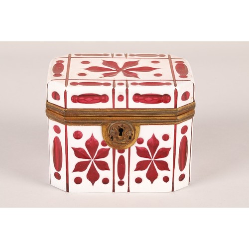 182A - 19th century bohemian white overlaid ruby glass box, hinged cover with lock (no key), length 13cm, w... 