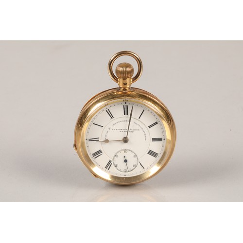 122A - Gents 18 carat open pocket watch, white enamel dial with Roman numerals, subsidiary dial, retailed b... 
