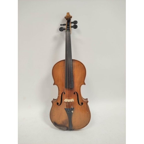 459 - Cased violin with inner inscribed Antonius Stradivarius Deutfine Urbeit 1886 and two bows.