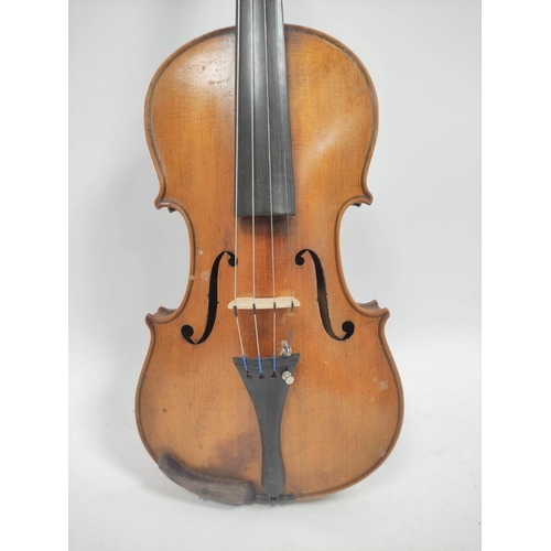 459 - Cased violin with inner inscribed Antonius Stradivarius Deutfine Urbeit 1886 and two bows.