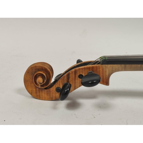 459 - Cased violin with inner inscribed Antonius Stradivarius Deutfine Urbeit 1886 and two bows.