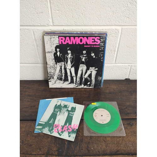 539 - The Ramones Rocket to Russia, The Clash London Calling, Angelic Upstarts green coloured single and o... 