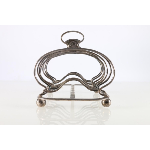 102 - Sterling silver six slice toast rack, on ball supports, maker JH, Edinburgh, 1841, 195g.