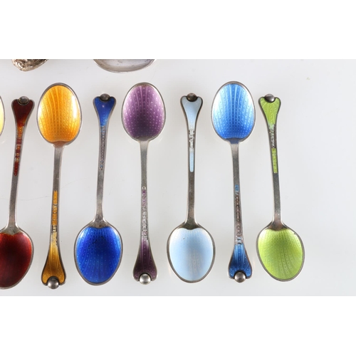 107 - Set of twelve Norwegian sterling silver enamelled teaspoons, 126g, and a collection of silver teaspo... 